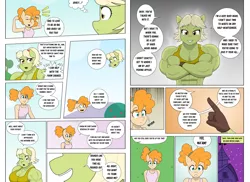 Size: 3574x2599 | Tagged: safe, artist:matchstickman, derpibooru import, granny smith, pear butter, anthro, earth pony, comic:the other side, abs, armpits, biceps, breasts, busty granny smith, clothes, comic, deltoids, dialogue, duo, female, gloves, granny smash, image, muscles, muscular female, png, shivering, speech bubble, sweat, sweatdrop, sweet apple acres, teenager, young granny smith, young pear butter, younger