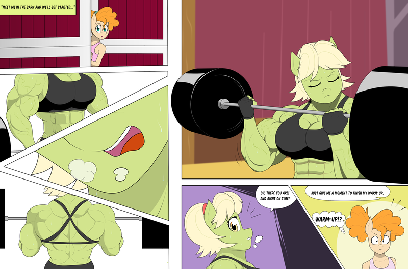 Size: 3931x2599 | Tagged: safe, artist:matchstickman, derpibooru import, granny smith, pear butter, pony, comic:the other side, abs, back muscles, barbell, biceps, breasts, busty granny smith, clothes, comic, deltoids, dialogue, duo, female, granny smash, image, mare, muscles, muscular female, panting, png, speech bubble, sweet apple acres barn, teenager, young pear butter