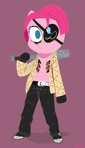 Size: 1420x2480 | Tagged: safe, artist:realgero, derpibooru import, pinkie pie, anthro, earth pony, baseball bat, eyepatch, image, one eyed, pinkamena diane pie, png, short hair, solo, tattoo, yakuza