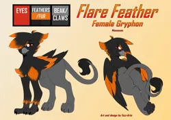 Size: 5625x3930 | Tagged: safe, artist:tuzz-arts, derpibooru import, oc, oc:flare feather, gryphon, butt, female, griffon oc, image, paws, png, raised tail, reference sheet, solo, solo female, tail, text