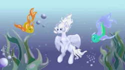 Size: 1280x720 | Tagged: safe, artist:elizabell42, derpibooru import, oc, unofficial characters only, fish, pegasus, pony, blue background, bubble, crepuscular rays, feather, female, fins, fish tail, image, ocean, png, seaweed, simple background, smiling, solo, sunlight, swimming, tail, underwater, water, wings