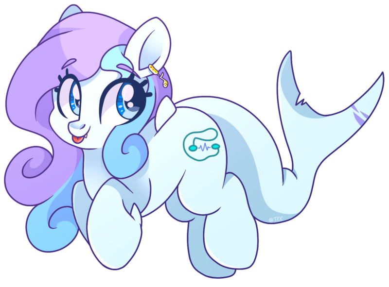 Size: 1040x768 | Tagged: safe, artist:cinnamontee, derpibooru import, oc, oc:wavebud, original species, shark, shark pony, :p, cute, cutie mark, dorsal fin, ear piercing, earring, eye lashes, fangs, fins, image, jewelry, looking away, mlem, piercing, png, silly, solo, squishy, tongue out, two toned mane