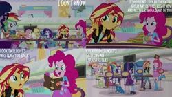 Size: 1280x720 | Tagged: safe, derpibooru import, edit, edited screencap, editor:quoterific, screencap, applejack, fluttershy, pinkie pie, rainbow dash, rarity, sci-twi, sunset shimmer, twilight sparkle, equestria girls, mirror magic, spoiler:eqg specials, applejack's hat, book, boots, burger, clothes, cowboy boots, cowboy hat, cutie mark, cutie mark on clothes, denim skirt, eyes closed, female, food, geode of empathy, geode of fauna, geode of shielding, geode of sugar bombs, geode of super speed, geode of super strength, glasses, hat, humane five, humane seven, humane six, image, jacket, jpeg, leather, leather jacket, magical geodes, open mouth, open smile, ponytail, shoes, skirt, smiling, tanktop