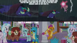 Size: 1280x720 | Tagged: safe, derpibooru import, edit, edited screencap, editor:quoterific, screencap, gallus, silverstream, smolder, yona, changeling, dragon, gryphon, hippogriff, pony, yak, season 8, the hearth's warming club, spoiler:s08, dragoness, eyes closed, female, flying, image, jpeg, male, open mouth, school of friendship, wings