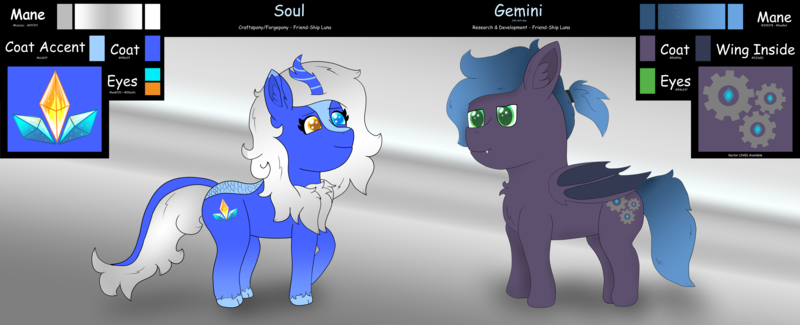 Size: 10576x4300 | Tagged: safe, artist:eminent entropy, derpibooru import, oc, oc:gemini, oc:soul, unofficial characters only, bat pony, kirin, pony, absurd resolution, bat pony oc, bat wings, colored wings, crystal, cutie mark, duo, ethereal mane, female, gears, image, kirin oc, male, mare, mismatched eyes, png, reference sheet, stallion, starry mane, text, two toned wings, wings