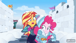 Size: 640x360 | Tagged: safe, derpibooru import, screencap, flash sentry, pinkie pie, sunset shimmer, equestria girls, equestria girls series, holidays unwrapped, spoiler:eqg series (season 2), animated, duo focus, female, food, gif, gifs.com, image, male, open mouth, saving pinkie's pie, shrunken pupils, snow, snowball, snowball fight, souffle