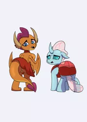 Size: 2500x3500 | Tagged: suggestive, artist:chedx, derpibooru import, ocellus, smolder, changedling, changeling, dragon, butt, clothes, dragoness, dress, female, image, png, smolder also dresses in style