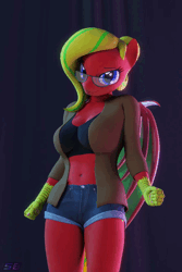 Size: 1280x1920 | Tagged: safe, alternate version, artist:shadowboltsfm, derpibooru import, oc, anthro, plantigrade anthro, 3d, 60 fps, animated, ass, blender, bra, breasts, butt, clothes, crop top bra, cute, dancing, female, flats, glasses, image, jacket, looking at you, music, not sfm, sexy, shoes, shorts, smiling, solo, sound, underwear, webm