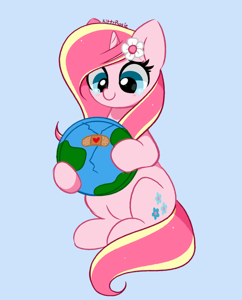 Size: 3192x3967 | Tagged: safe, artist:kittyrosie, derpibooru import, oc, oc:rosa flame, unicorn, bandaid, crying, earth, flower, flower in hair, horn, image, png, unicorn oc