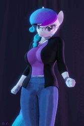 Size: 1280x1920 | Tagged: safe, alternate version, artist:shadowboltsfm, derpibooru import, oc, oc:aurora starling, anthro, plantigrade anthro, 3d, 60 fps, adorasexy, animated, blender, bracelet, breasts, butt, clothes, cute, dancing, feet, female, glasses, heterochromia, high heels, image, jacket, jeans, jewelry, looking at you, music, not sfm, open-toed shoes, pants, sexy, shoes, smiling, solo, sound, toes, webm