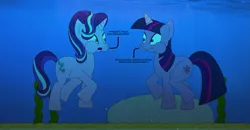 Size: 1511x788 | Tagged: safe, artist:felineflatorcameron, derpibooru import, starlight glimmer, twilight sparkle, pony, unicorn, every little thing she does, blue background, bubble, dialogue, female, horn, image, looking at each other, looking at someone, mare, ocean, open mouth, png, puffy cheeks, rock, simple background, solo, underwater, water