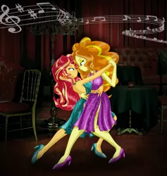 Size: 2268x2396 | Tagged: safe, artist:ponymaan, derpibooru import, adagio dazzle, sunset shimmer, equestria girls, backless, bare shoulders, dancing, duo, female, image, lesbian, png, shipping, sleeveless, sunsagio, tango