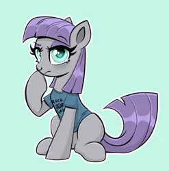 Size: 3344x3388 | Tagged: safe, artist:confetticakez, derpibooru import, maud pie, earth pony, pony, blue background, boop, clothes, cute, eyeshadow, female, image, makeup, mare, maudabetes, nose piercing, nose ring, piercing, png, self-boop, shirt, simple background, sitting, solo, t-shirt, wingding eyes