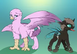 Size: 3508x2480 | Tagged: safe, artist:wbp, derpibooru import, oc, oc:gall rosado, oc:ghitterphos, unofficial characters only, changeling, gryphon, disguise, disguised changeling, female, griffon oc, hissing, image, male, pink feathers, png, tongue out