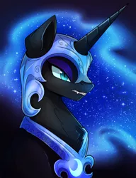 Size: 1000x1300 | Tagged: safe, artist:greenstorm64, derpibooru import, nightmare moon, alicorn, pony, blue background, blue eyes, blue mane, bust, chest fluff, colored pupils, digital art, ethereal mane, fangs, female, flowing mane, helmet, horn, image, lidded eyes, mare, png, simple background, solo, starry mane, stars, teeth