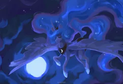 Size: 1280x875 | Tagged: safe, artist:lg-macbeth, derpibooru import, princess luna, alicorn, pony, blue mane, blue tail, cloud, crown, curved horn, digital art, ethereal mane, eyes closed, feather, female, flowing mane, flowing tail, flying, hoof shoes, horn, image, jewelry, jpeg, mare, moon, moonlight, night, regalia, sky, solo, spread wings, starry mane, starry tail, stars, tail, wings