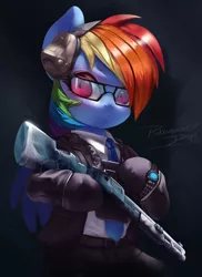 Size: 800x1101 | Tagged: safe, artist:theprince, derpibooru import, rainbow dash, pegasus, pony, bipedal, clothes, cosplay, costume, crossover, female, glasses, gloves, gun, headphones, image, jpeg, mare, necktie, pants, rainbow six, rainbow six siege, shirt, shotgun, solo, suit, warden, watch, weapon, wristwatch