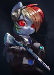 Size: 800x1101 | Tagged: safe, alternate version, artist:theprince, derpibooru import, rainbow dash, pegasus, pony, fanfic:rainbow factory, bipedal, clothes, cosplay, costume, crossover, fanfic art, female, gloves, gun, headphones, image, jpeg, mare, necktie, pants, rainbow factory dash, rainbow six, rainbow six siege, shirt, shotgun, solo, suit, warden, watch, weapon, wristwatch