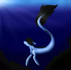 Size: 2459x2439 | Tagged: safe, artist:maneblue, derpibooru import, oc, unofficial characters only, merpony, pony, sea pony, seapony (g4), blue background, crepuscular rays, dark, dorsal fin, fish tail, flowing tail, image, jpeg, ocean, seaponified, seapony oc, simple background, solo, species swap, sunlight, swimming, tail, underwater, water