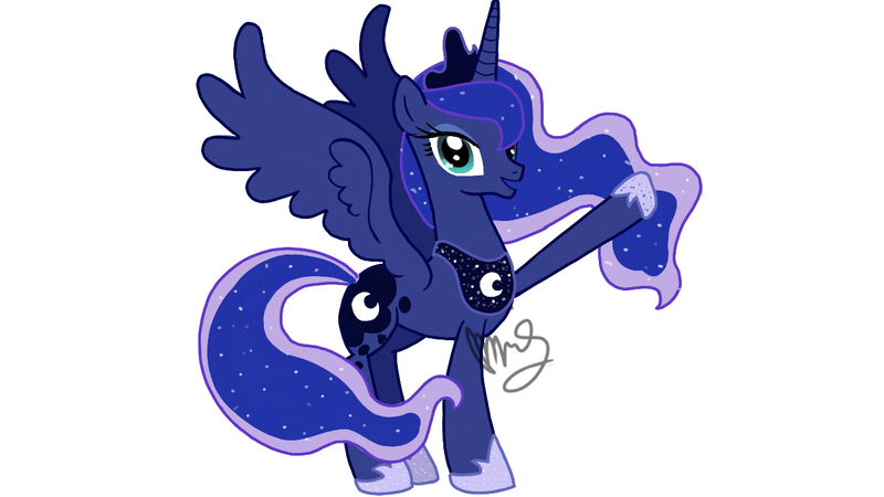 Size: 1280x720 | Tagged: safe, artist:sallyso, derpibooru import, princess luna, pony, ethereal mane, female, hoof shoes, image, mare, peytral, png, raised hoof, signature, simple background, spread wings, starry mane, white background, wings