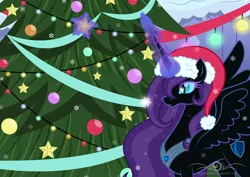 Size: 16664x11803 | Tagged: safe, artist:silverarrow87, derpibooru import, oc, oc:nyx, unofficial characters only, alicorn, pony, fanfic:past sins, absurd resolution, alicorn oc, christmas, christmas tree, decoration, hat, holiday, horn, image, older, older nyx, png, princess, santa hat, snow, snowflake, solo, tree, wings