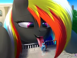 Size: 2560x1920 | Tagged: safe, artist:skanim-sdw, derpibooru import, oc, oc:darky wings, oc:genka, unofficial characters only, earth pony, pony, commission, female, giant pony, giantess, hooves, image, laughing, licking, looking down, macro, macro/micro, maw, micro, png, smiling, spit, spit string, tickling, tiny, tiny ponies, tongue out, vore