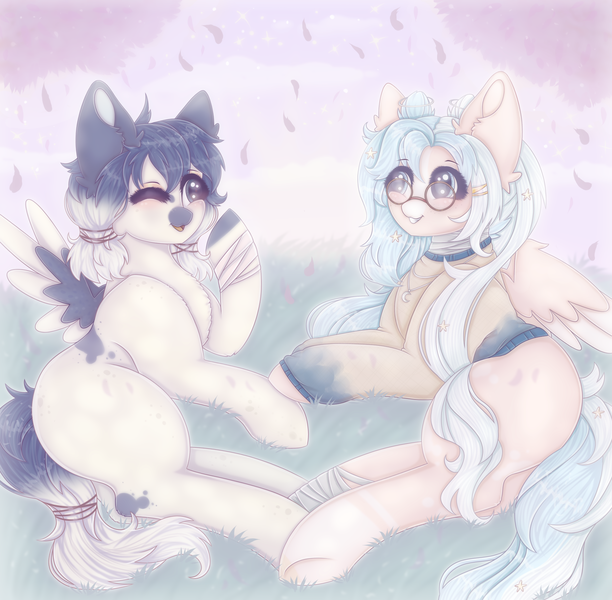 Size: 2040x2000 | Tagged: safe, artist:saltyvity, derpibooru import, oc, pegasus, pony, blue eyes, blue hair, cherry blossoms, clothes, cloud, commission, cute, elastic, flower, flower blossom, glasses, grass, hairpin, image, picnic, png, romance, romantic, sparkles, stars, summer, sweater, white body