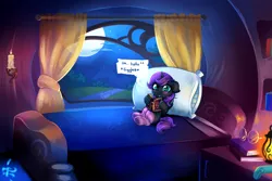 Size: 6000x4000 | Tagged: safe, artist:confetticakez, derpibooru import, oc, oc:nyx, unofficial characters only, alicorn, pony, alicorn oc, bed, book, candle, glasses, horn, image, lantern, moon, png, solo, window, wings