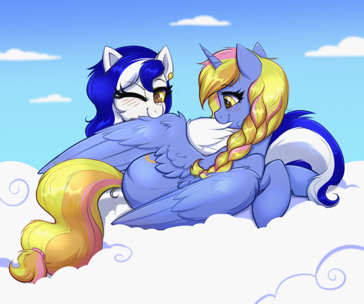 Size: 4000x3333 | Tagged: safe, artist:confetticakez, derpibooru import, oc, oc:jet stream, oc:platinum band, unofficial characters only, alicorn, pegasus, pony, alicorn oc, assisted preening, blue coat, blue sky, blushing, bonding, braid, cloud, colored pupils, cute, duo, ear piercing, eyebrows, eyebrows visible through hair, eyelashes, female, fluffy, friends, friendship, golden eyes, grooming, hairband, happy, high res, horn, image, lying down, lying on a cloud, mare, multicolored mane, multicolored tail, on a cloud, one eye closed, one wing out, patreon, patreon reward, pegasus oc, piercing, png, preening, prone, side, smiling, solo, tail, two toned mane, two toned tail, wall of tags, white coat, wing fluff, wings, yellow eyes