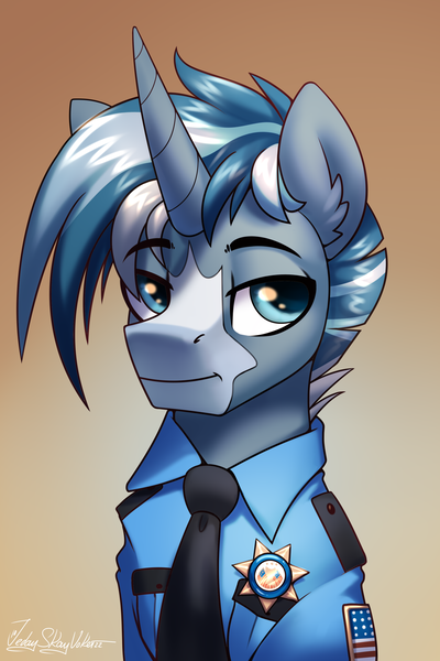 Size: 2000x3000 | Tagged: safe, artist:jedayskayvoker, derpibooru import, oc, pony, unicorn, badge, blaze (coat marking), bust, clothes, coat markings, eyebrows, eyebrows visible through hair, facial markings, horn, icon, image, male, necktie, patreon, patreon reward, png, police, police officer, police pony, portrait, solo, stallion, unicorn oc