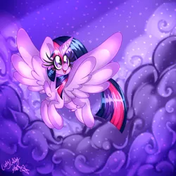 Size: 1280x1280 | Tagged: safe, artist:ladylullabystar, derpibooru import, twilight sparkle, twilight sparkle (alicorn), alicorn, pony, cloud, flying, image, jpeg, solo