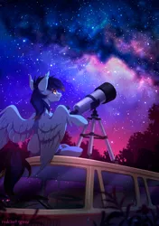 Size: 2500x3558 | Tagged: safe, artist:redchetgreen, derpibooru import, oc, unofficial characters only, pegasus, pony, image, looking up, pegasus oc, png, sitting, smiling, solo, starry sky, stars, telescope, wings