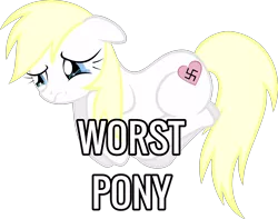 Size: 3000x2362 | Tagged: safe, artist:accu, derpibooru import, edit, oc, oc:aryanne, unofficial characters only, earth pony, pony, :s, abuse, aryabuse, blonde, caption, crying, ears, earth pony oc, female, fetal position, floppy ears, frown, full body, high res, image, lying down, mare, nazi, op is a duck, op is trying to start shit, png, sad, show accurate, side, simple background, solo, swastika, tail, text, transparent background, vector, wavy mouth, worst pony