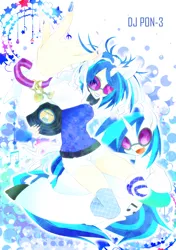 Size: 564x800 | Tagged: safe, artist:nabebuta, derpibooru import, vinyl scratch, human, pony, unicorn, devil horn (gesture), heart, horn, horned humanization, human ponidox, humanized, image, music notes, png, self paradox, self ponidox, vinyl's glasses