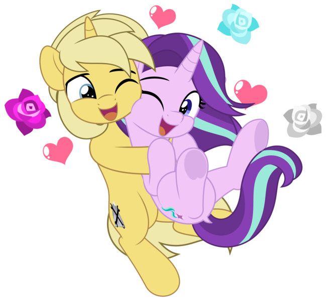 Size: 5410x5000 | Tagged: safe, artist:jhayarr23, derpibooru import, starlight glimmer, oc, oc:sunlight bolt, earth pony, pony, absurd resolution, canon x oc, commission, cute, female, flower, glimmbolt, hearts and hooves day, holiday, image, looking at each other, looking at someone, male, mare, one eye closed, open mouth, open smile, png, rose, shipping, simple background, smiling, snuggling, stallion, straight, tail, transparent background, underhoof, valentine's day, vector, ych result