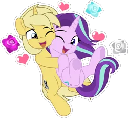 Size: 5410x5000 | Tagged: safe, artist:jhayarr23, derpibooru import, starlight glimmer, oc, oc:sunlight bolt, earth pony, pony, absurd resolution, canon x oc, commission, cute, female, flower, glimmbolt, hearts and hooves day, holiday, image, looking at each other, looking at someone, male, mare, one eye closed, open mouth, open smile, png, rose, shipping, simple background, smiling, snuggling, stallion, straight, tail, transparent background, underhoof, valentine's day, vector, ych result