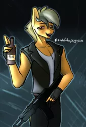 Size: 1500x2200 | Tagged: safe, artist:endelthepegasus, derpibooru import, oc, oc:alexson, anthro, ak-74, anthro oc, bottle, crossover, image, jpeg, left 4 dead, looking at you, male, open mouth, solo, solo male, weapon