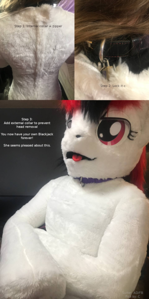 Size: 960x1923 | Tagged: photographer needed, safe, anonymous photographer, artist:atalonthedeer, derpibooru import, oc, oc:blackjack, anthro, human, fallout equestria, fallout equestria: project horizons, arm hooves, collar, fanfic art, fursuit, image, irl, irl human, irl photo, lock, padlock, padlocked collar, photo, png, ponysuit, text