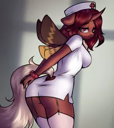 Size: 3120x3500 | Tagged: suggestive, artist:yutakira92, derpibooru import, oc, oc:flechette, unofficial characters only, anthro, changeling, insect, moth, mothling, original species, butt, clothes, cuffs, female, floppy ears, garter straps, handcuffed, hat, horn, image, lidded eyes, looking at you, neck fluff, no underwear, nurse hat, nurse outfit, png, socks, solo, solo female, species swap, spread wings, tail, thigh highs, wings