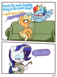 Size: 1524x2083 | Tagged: safe, artist:lou, derpibooru import, applejack, rainbow dash, rarity, earth pony, pegasus, pony, unicorn, appledash, couch, female, flirting, heart, image, lesbian, mare, meme, newspaper, older, older applejack, older rainbow dash, older rarity, png, rarity is not amused, shipping, spread wings, unamused, wings