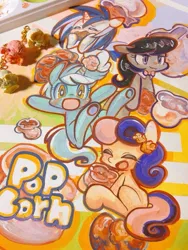 Size: 768x1024 | Tagged: photographer needed, safe, artist:mosamosa_n, derpibooru import, bon bon, lyra heartstrings, octavia melody, sweetie drops, vinyl scratch, earth pony, unicorn, food, image, jpeg, painting, photo, popcorn