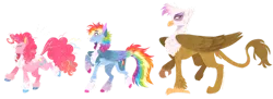 Size: 1280x466 | Tagged: safe, artist:wanderingpegasus, derpibooru import, gilda, pinkie pie, rainbow dash, earth pony, gryphon, pegasus, pony, the lost treasure of griffonstone, alternate hairstyle, blushing, chest fluff, cute, diapinkes, februpony, female, freckles, grin, image, mare, markings, open mouth, png, raised hoof, raised leg, redesign, simple background, smiling, transparent background, trio, unshorn fetlocks