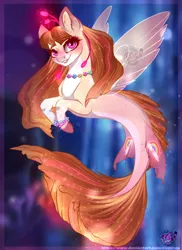 Size: 1280x1757 | Tagged: safe, artist:copshop, derpibooru import, oc, unofficial characters only, pegasus, pony, seapony (g4), brown mane, bubble, coral, cute, dorsal fin, female, fin wings, fins, fish tail, flowing mane, flowing tail, glow, image, jewelry, jpeg, logo, looking at you, mare, necklace, ocean, pink eyes, seaponified, seaquestria, smiling, smiling at you, solo, species swap, tail, underwater, water, wings