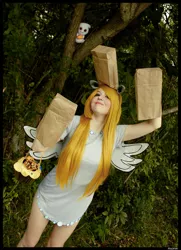 Size: 1024x1412 | Tagged: photographer needed, safe, artist:krazykari, derpibooru import, derpy hooves, human, clothes, cosplay, costume, food, image, irl, irl human, irl photo, jpeg, muffin, nightmare night costume, paper bag, paper bag wizard, photo