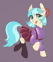 Size: 2590x3000 | Tagged: safe, artist:taytinabelle, edit, editor:anonymous, coco pommel, earth pony, pony, button-up shirt, clothes, cocobetes, cute, dock, ear fluff, female, hair accessory, happy, high res, image, latex, latex clothes, latex dress, looking at you, mare, open mouth, pleated skirt, png, raised hoof, simple background, skirt, smiling, socks, solo