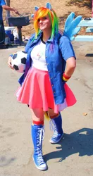 Size: 507x960 | Tagged: photographer needed, safe, artist:reinbewpastel, derpibooru import, rainbow dash, human, equestria girls, clothes, cosplay, costume, football, image, irl, irl human, irl photo, jpeg, multicolored hair, photo, rainbow hair, sports