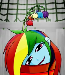 Size: 640x740 | Tagged: safe, alternate version, artist:batipin, derpibooru import, rainbow dash, equestria girls, flower, flower in hair, hair, image, offscreen character, png, vase, water, wet, wet mane