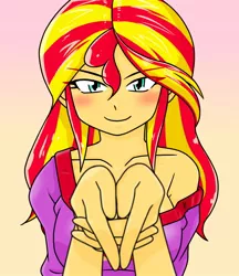 Size: 640x740 | Tagged: safe, alternate version, artist:batipin, derpibooru import, sunset shimmer, equestria girls, blushing, breasts, busty sunset shimmer, cleavage, clothes, evil grin, gradient background, grin, image, jpeg, looking at you, off shoulder, pajamas, smiling, smiling at you, solo