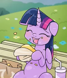 Size: 640x740 | Tagged: safe, alternate version, artist:batipin, derpibooru import, twilight sparkle, twilight sparkle (alicorn), alicorn, pony, bench, blushing, burger, chubby, chubby twilight, cute, drink, eating, eyes closed, floppy ears, food, hay burger, herbivore, image, jpeg, messy eating, sitting, solo, that pony sure does love burgers, twiabetes, twilight burgkle