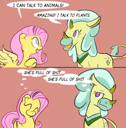 Size: 1800x1821 | Tagged: safe, artist:skunkstripe, derpibooru import, cactus rose, fluttershy, abada, pegasus, pony, 2 panel comic, comic, dialogue, duo, eyes closed, female, image, mare, open mouth, png, simple background, swearing, thought bubble, vulgar
